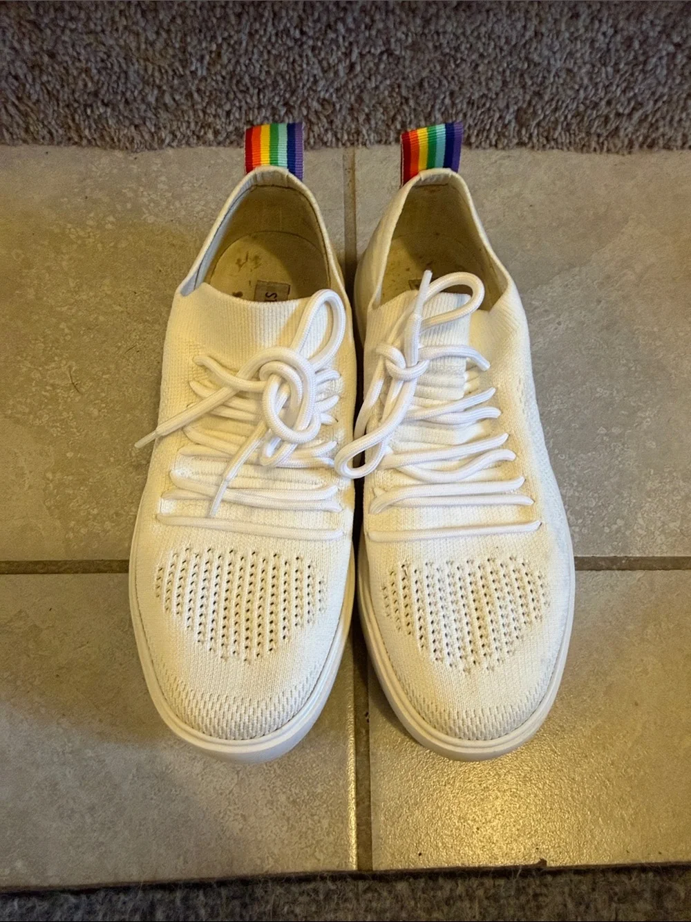 Steve Madden White Knit Lace-Up Sneakers with Rainbow Heel Tab